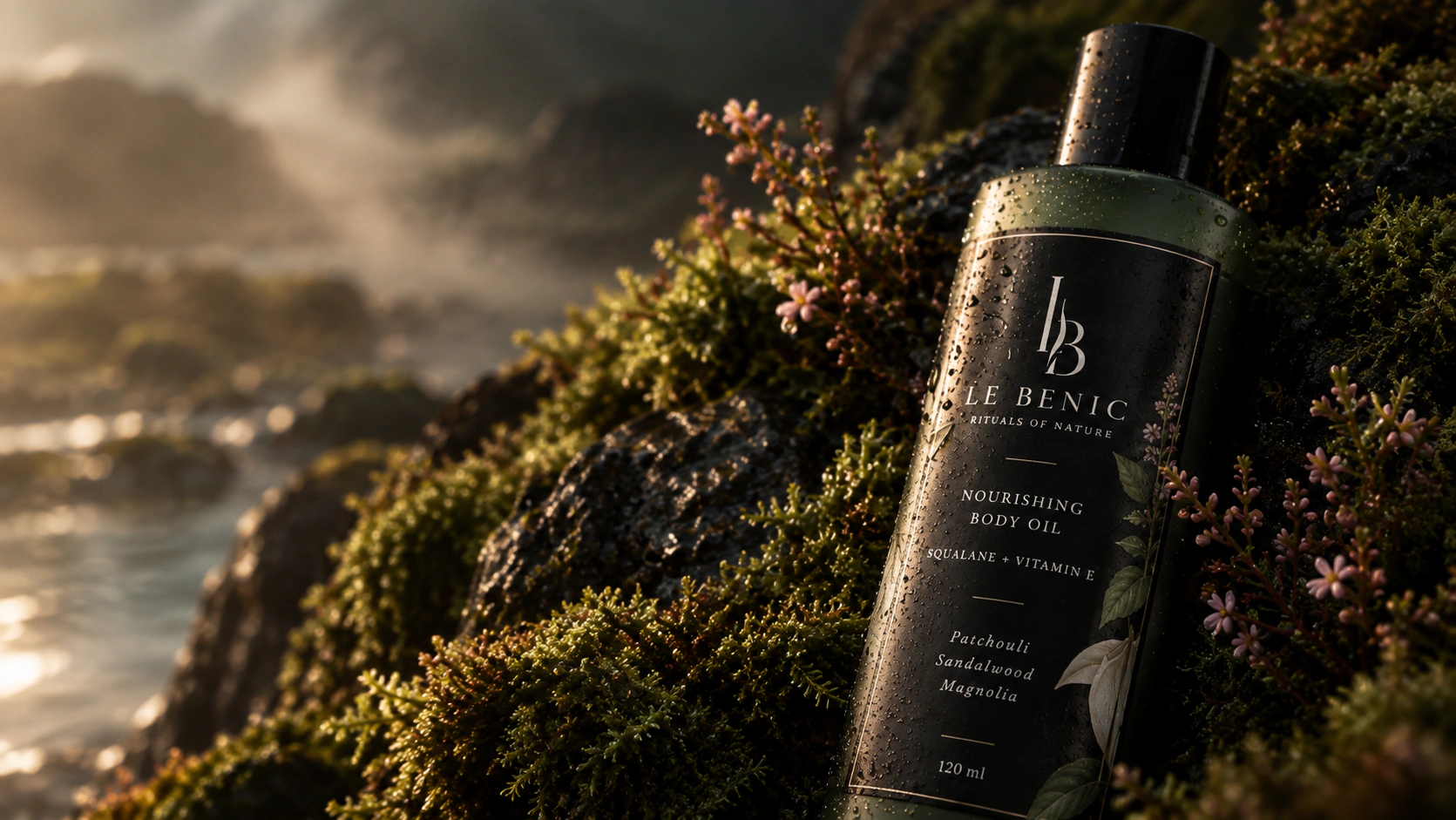 LE BENIC Nourishing Body Oil resting on moss at the water’s edge
